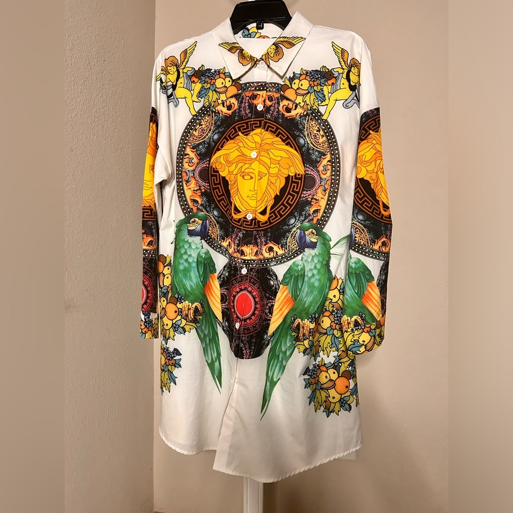 Versace Styled Mystical Blouse Angels Sun Parrots Fruit Print XXL